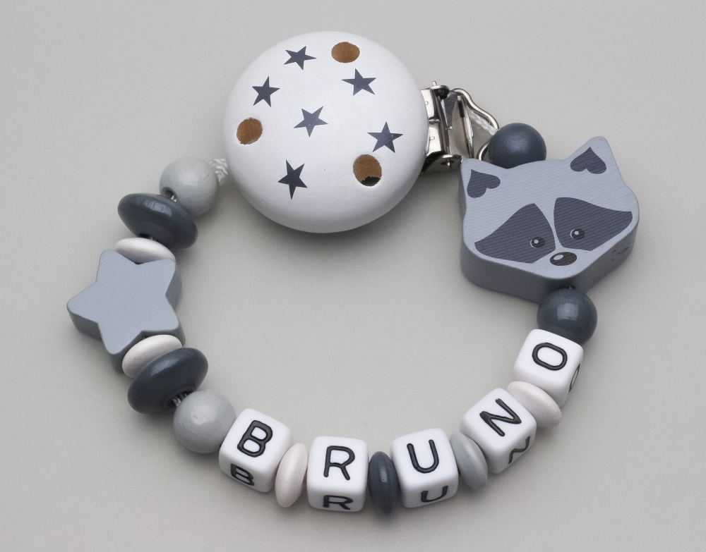 Schnullerkette mit Waschbär, Motivclip & Stern und Namen