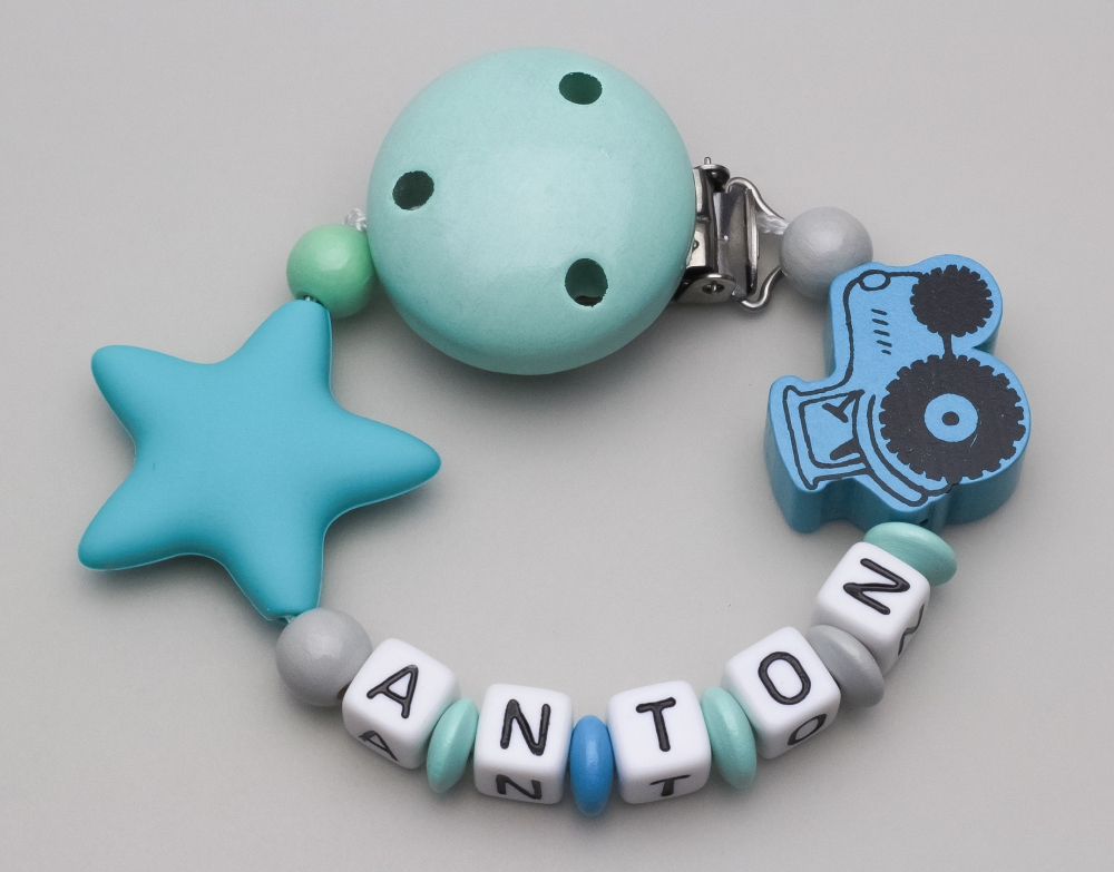  Schnullerkette mit Traktor & Silikonstern und Namen