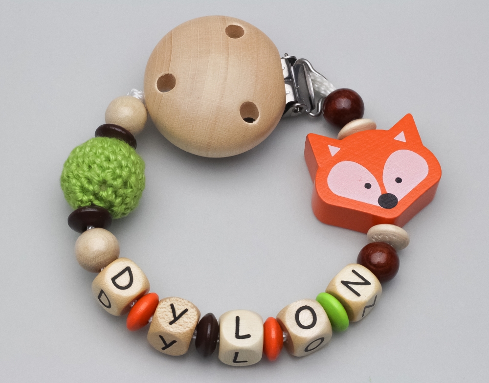Schnullerkette mit Fuchs & Häkelperle und Namen