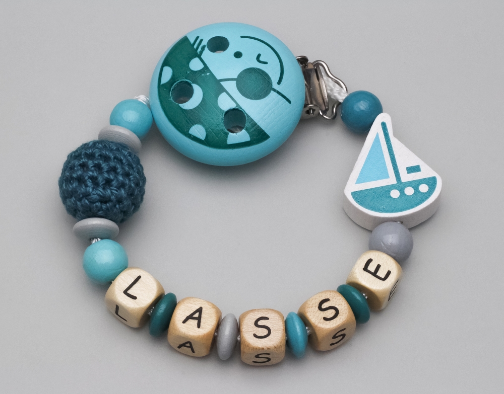 Schnullerkette mit Häkelperle, Motivclip & Schiff und Namen