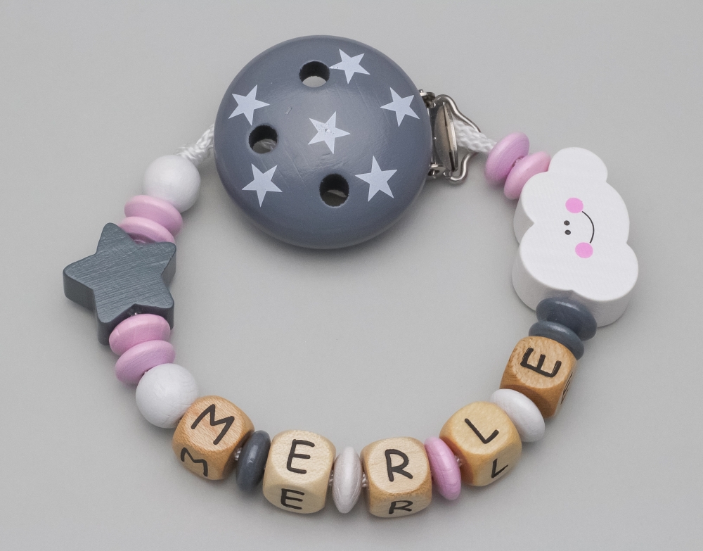 Schnullerkette mit Wolke, Motivclip & Stern und Namen