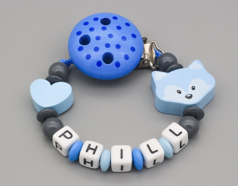Schnullerkette mit Fuchs, Motivclip & Herz und Namen