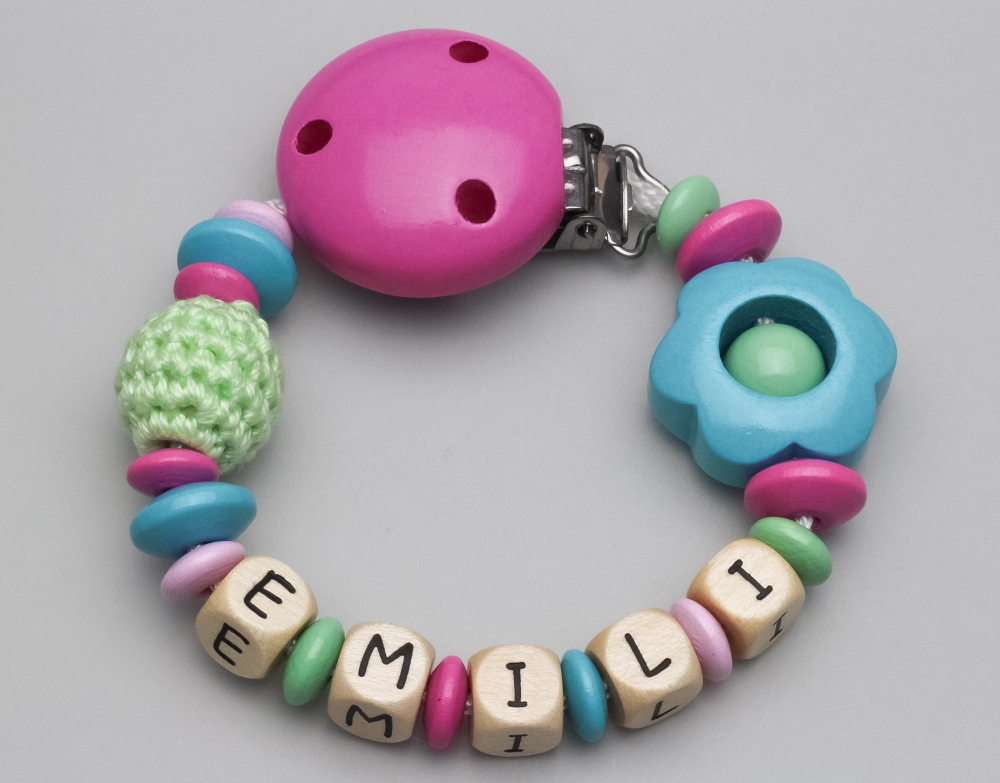 Schnullerkette mit Häkelperle & Blume und Namen
