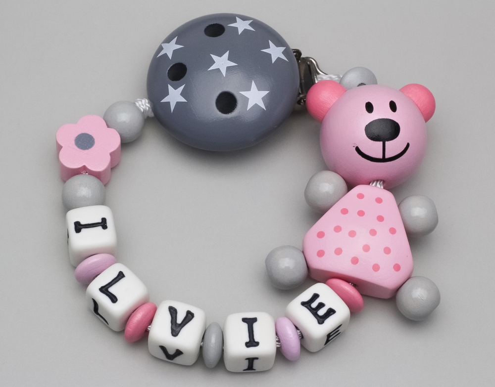 Schnullerkette mit Bär, Motivclip & Blume und Namen