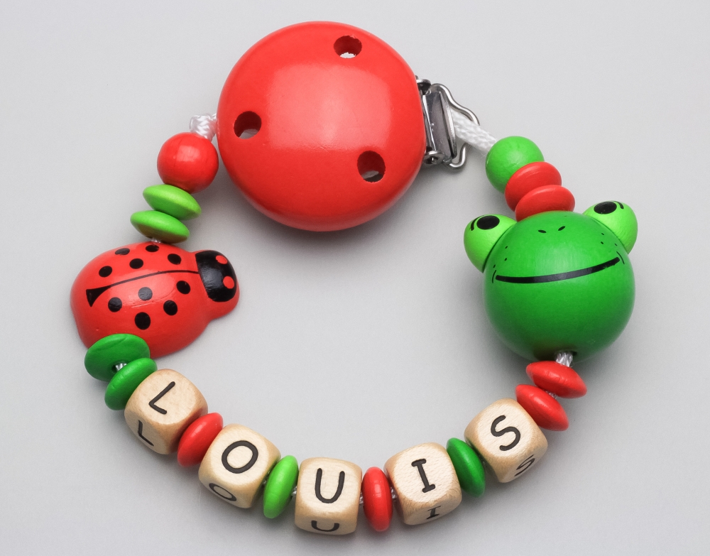 Schnullerkette mit Frosch & Käfer und Namen