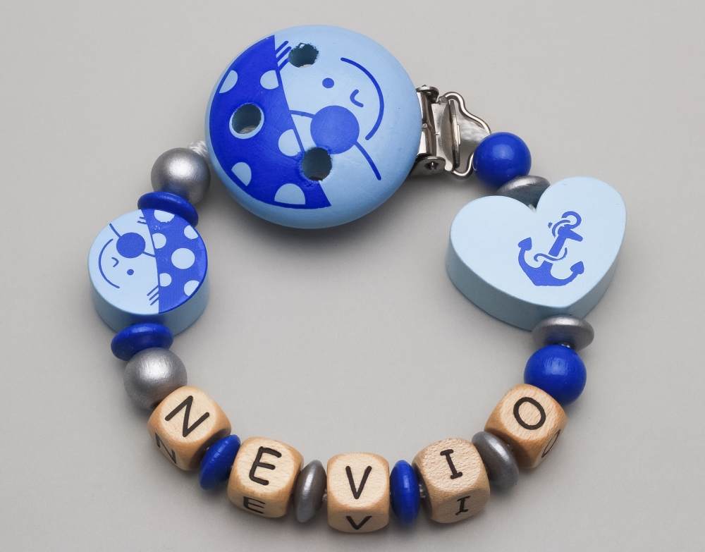 Schnullerkette mit Pirat, Motivclip & Ankerherz und Namen