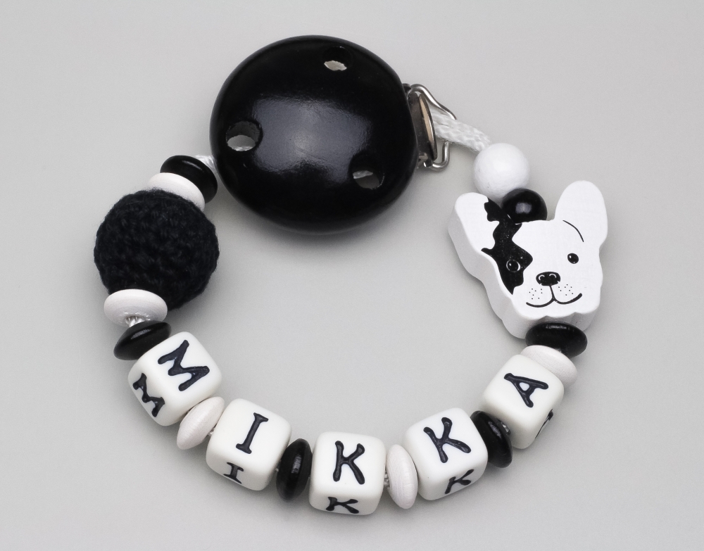 Schnullerkette mit Hund & Häkelperle und Namen