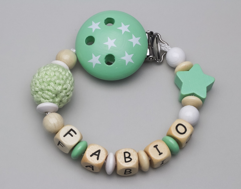 Schnullerkette mit Häkelperle, Motivclip & Sternch und Namen