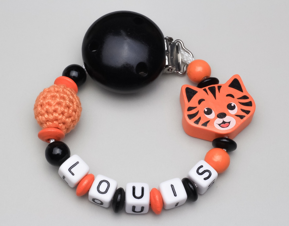 Schnullerkette mit Tiger & Häkelperle und Namen
