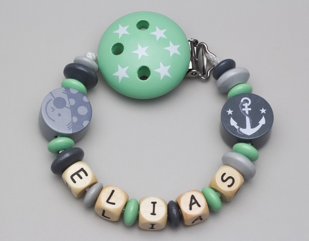 Schnullerkette mit Pirat, Motivclip & Anker und Namen