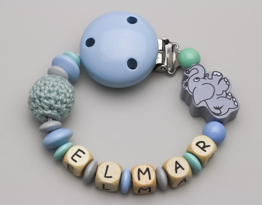 Schnullerkette mit Elefant & Häkelperle und Namen
