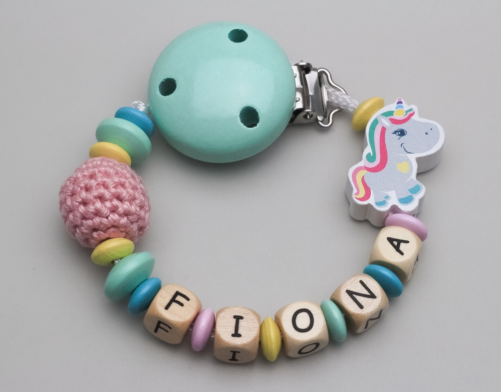 Schnullerkette mit Einhorn & Häkelperle und Namen