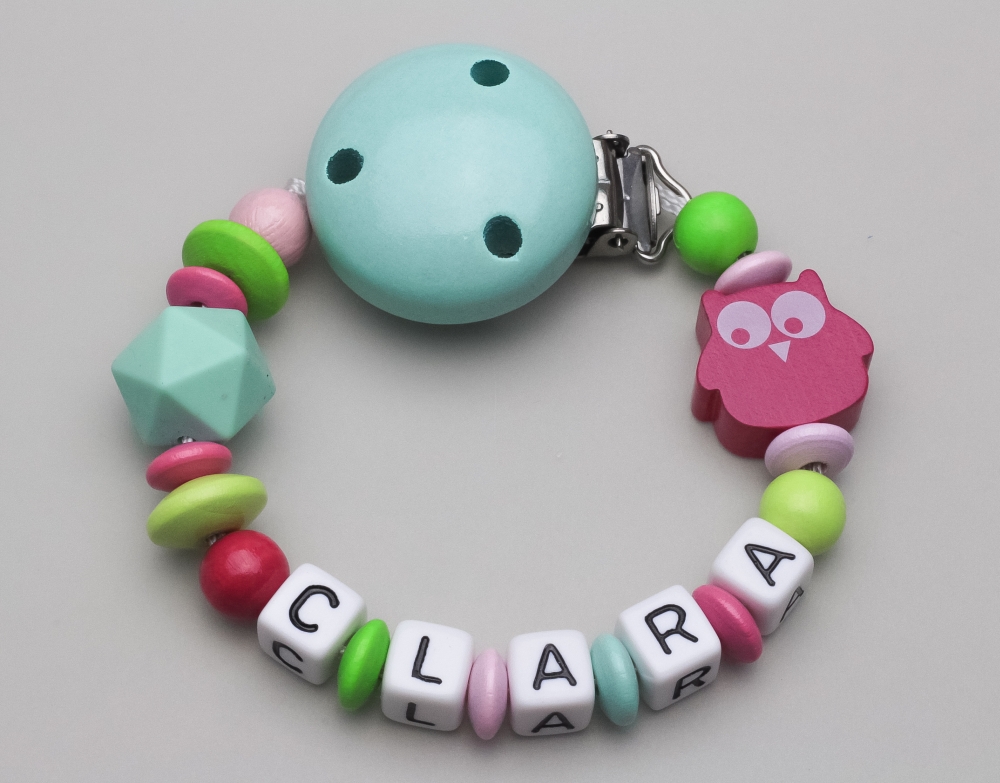 Schnullerkette mit Eule & Silikonperle und Namen
