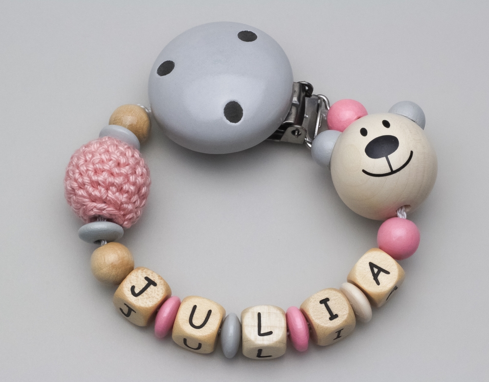 Schnullerkette mit Bär & Häkelperle und Namen