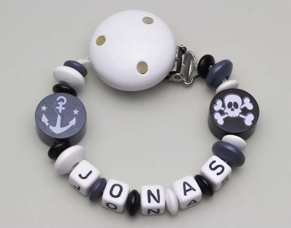 Schnullerkette mit Anker & Totenkopf und Namen