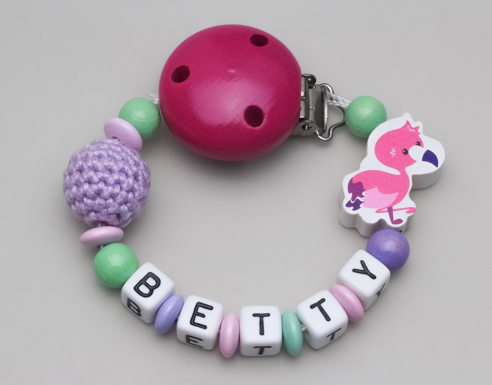 Schnullerkette mit Flamingo & Häkelperle und Namen