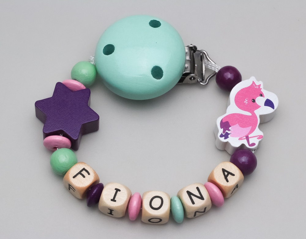 Schnullerkette mit Flamingo & Stern und Namen