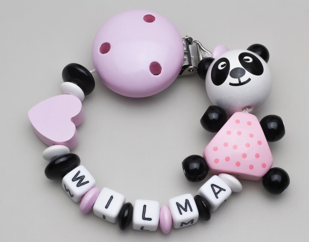 Schnullerkette mit Pandabär & Herz und Namen