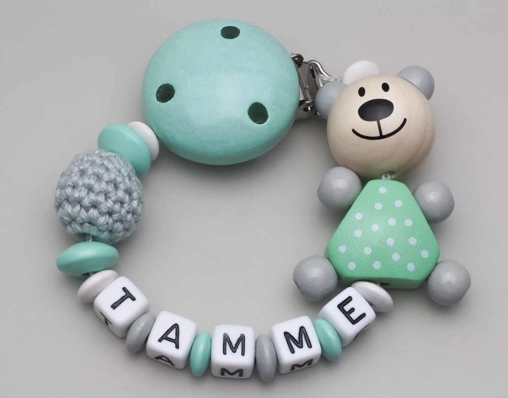 Schnullerkette mit Bär & Häkelperle und Namen