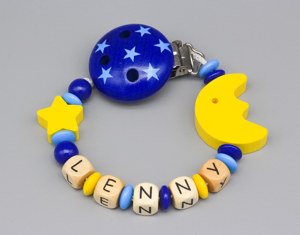 Schnullerkette mit Mond, Motivperle & Sternchen und Namen