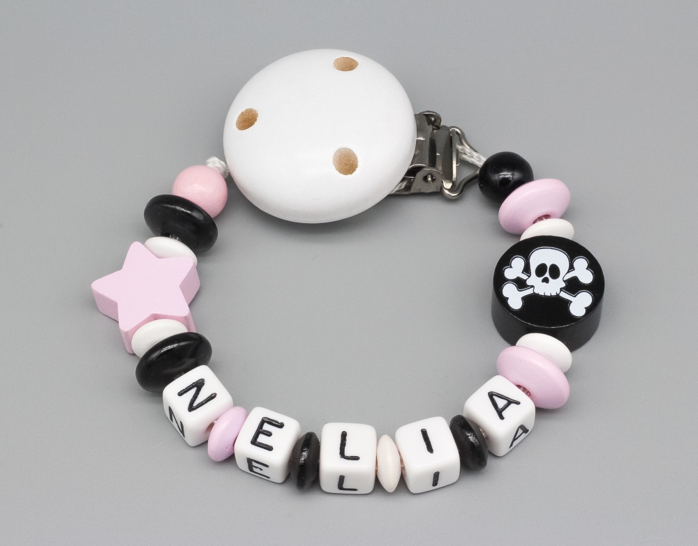Schnullerkette mit Stern und Skull und Namen