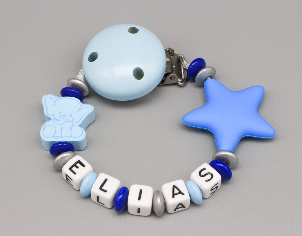 Schnullerkette mit Elefant und Silikonstern und Namen