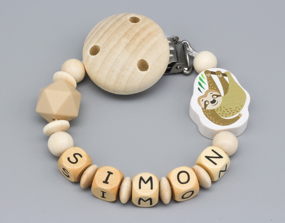 Schnullerkette mit Faultier und Silikonperle natur und Namen