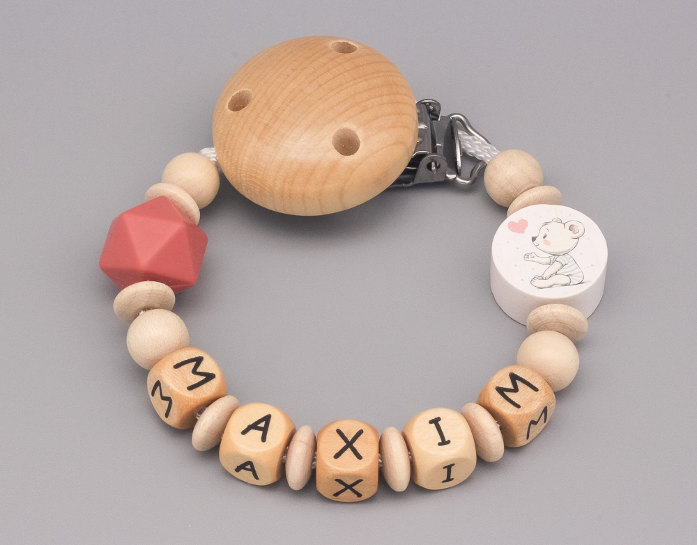 Schnullerkette mit Bärchen und Silikonperle und Namen