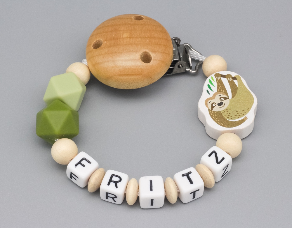 Schnullerkette mit Faultier und Silikonperlen und Namen