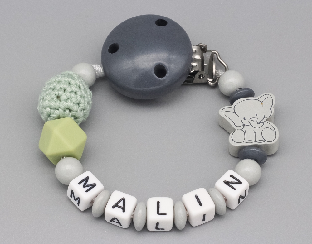 Schnullerkette mit Elefant, Häkelperle und Silikonperle und Namen
