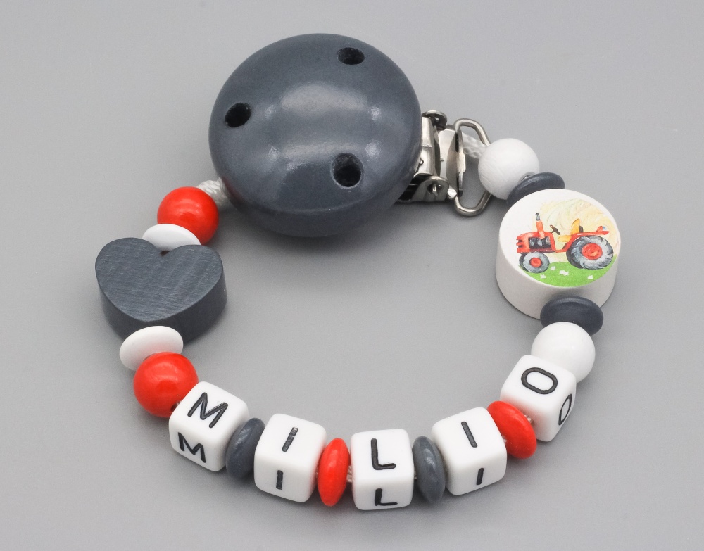 Schnullerkette mit Herz und Traktor und Namen