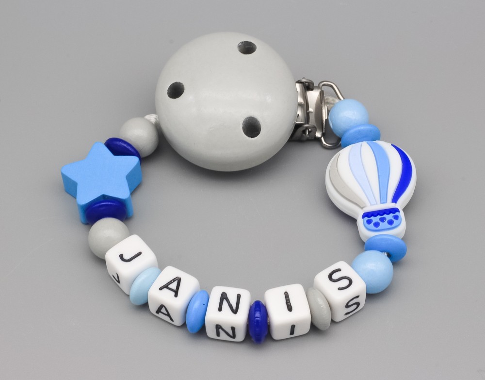 Schnullerkette Heißluftballon blau und Namen