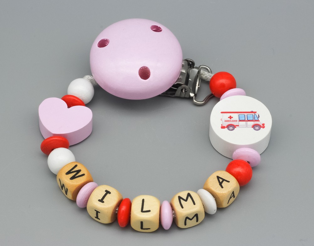 Schnullerkette Rettungswagen/ Notarzt rosa und Namen