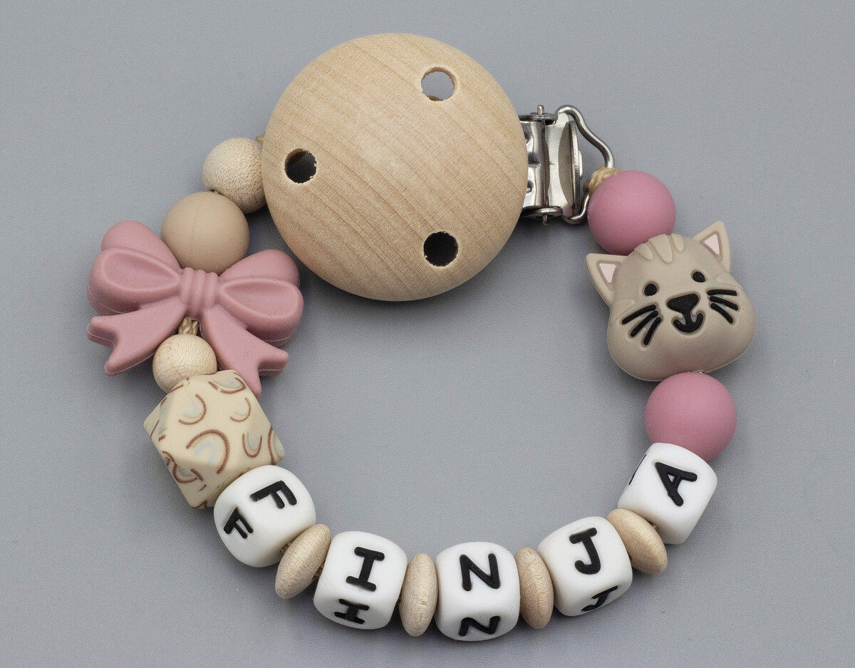 Schnullerkette mit Katze, Schleife und Regenbogenperle Bild 1