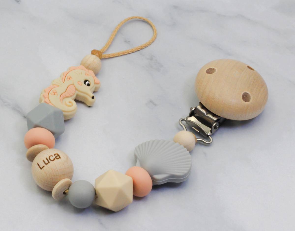 Schnullerkette mit Name  natur, peachy, blush, rosa Silikonperlen, Häkelperlen
