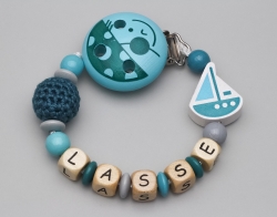 Schnullerkette mit Häkelperle, Motivclip & Schiff und Namen