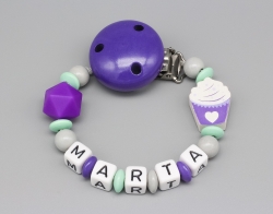 Schnullerkette mit Silikonperle und Cupcake und Namen