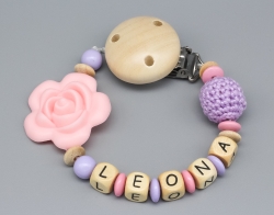 Schnullerkette mit Silikonblume & Häkelperle und Namen