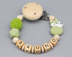 Schnullerkette mit Häkelperle, Silikonperle und Fuchs und Namen