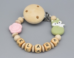 Schnullerkette mit Fuchs und Silikonblume und Namen
