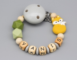 Schnullerkette mit Fuchs und Silikonperlen und Namen