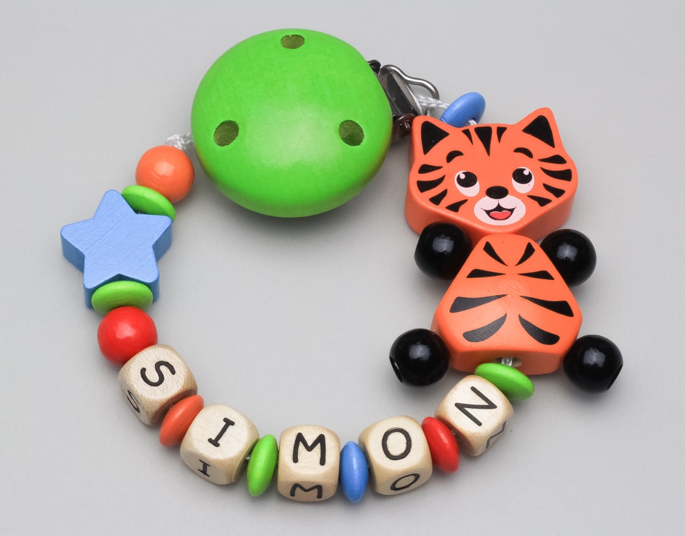Schnullerkette mit Tiger & Sternchen und Namen