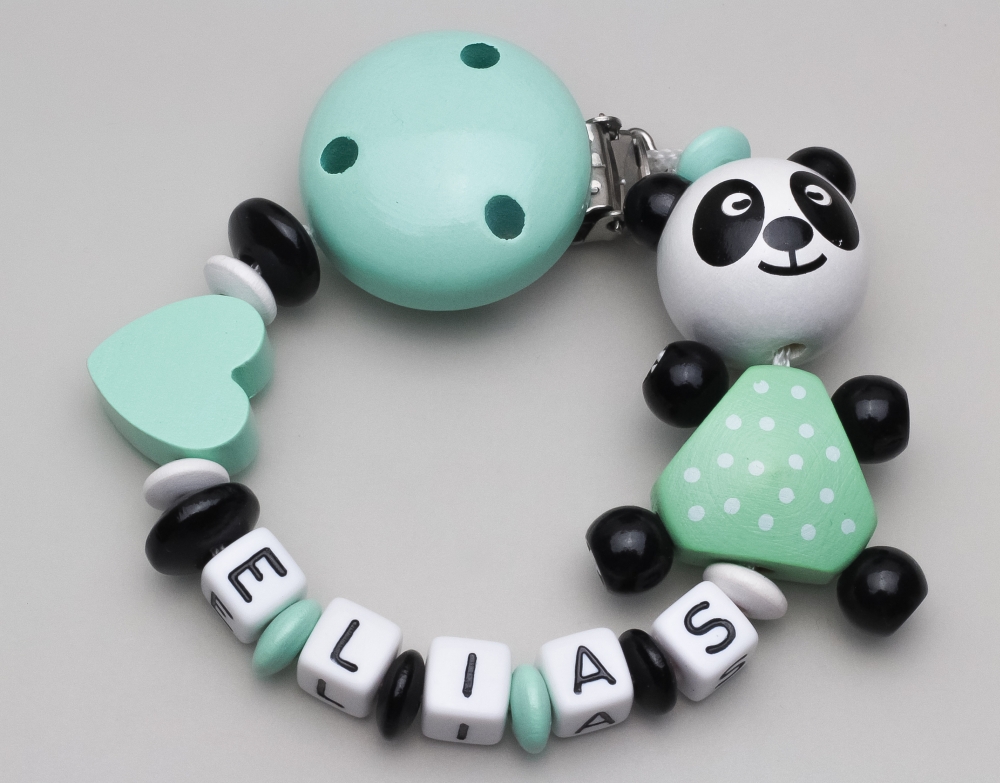 Schnullerkette mit Pandabär & Herz und Namen