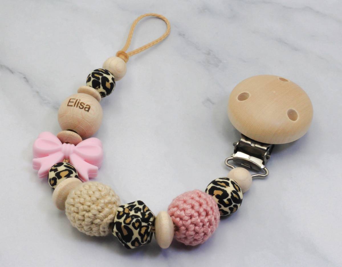 Schnullerkette mit Name, Silikonperlen, Häkelperlen, Schleife